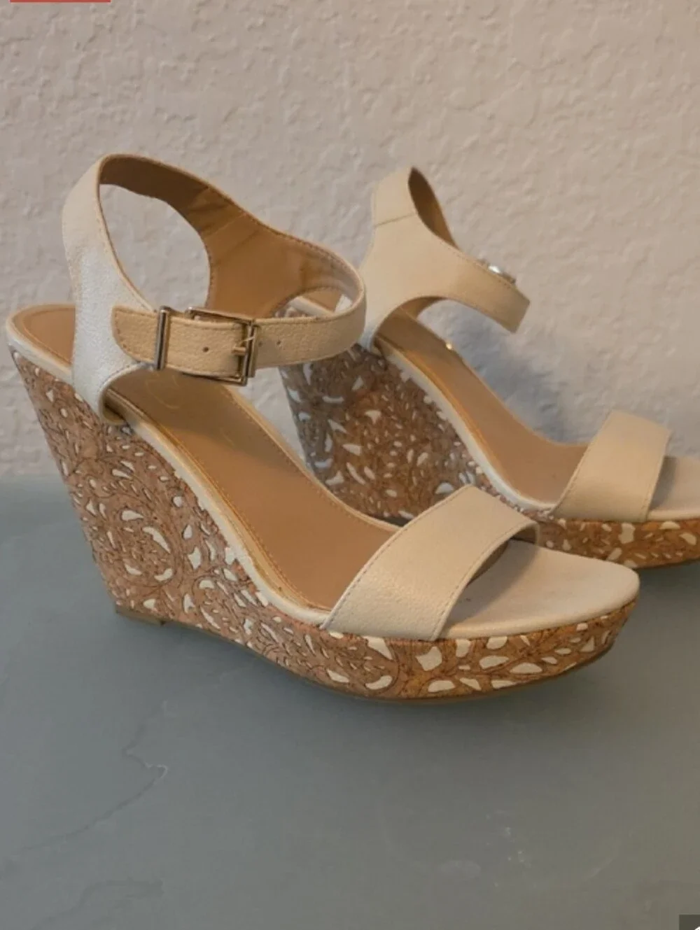 Jessica Simpson Cream Wedge Sandals with Decorative Cork Platform